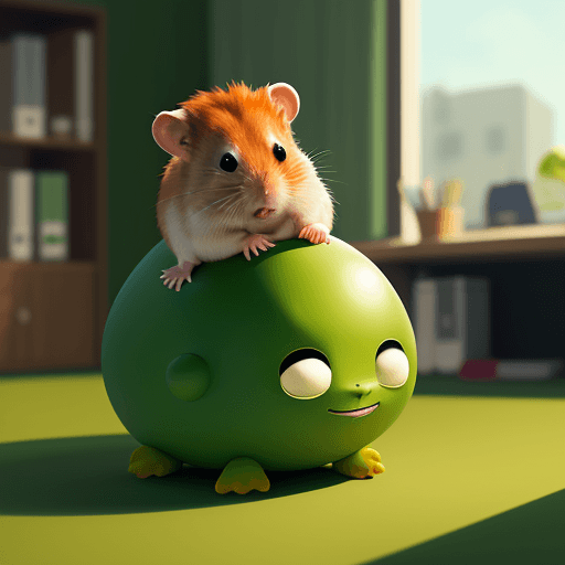 AI generated: ginger hamster sitting and bouncing on a green space hopper with an angry face on it.
Warm lighting,...