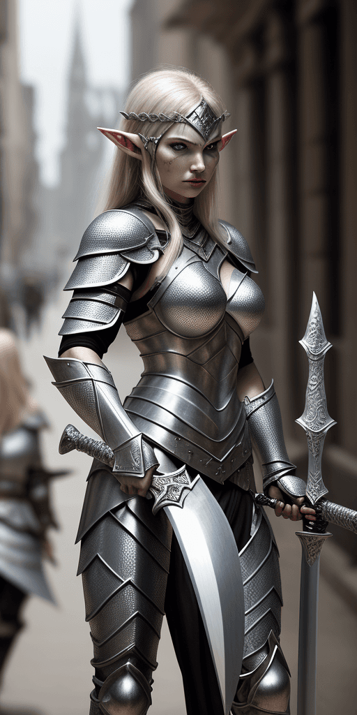 AI generated: Elf, warrior woman in chainmail armor wielding a sword. She is a fierce warrior on the battlefield, ...
