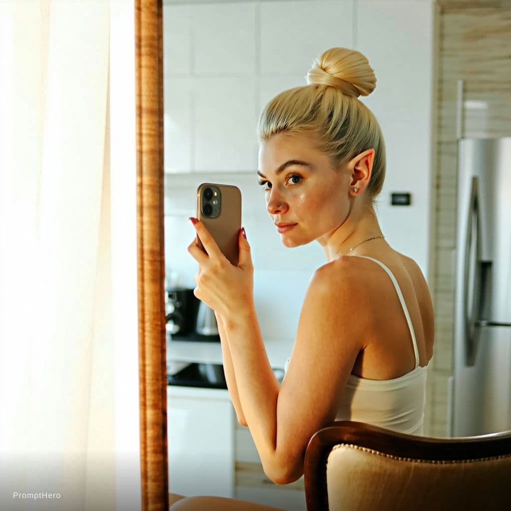 AI generated: Selfie in front of the mirror of a fair-skinned elf with blonde hair pulled back in a bun. She's in ...