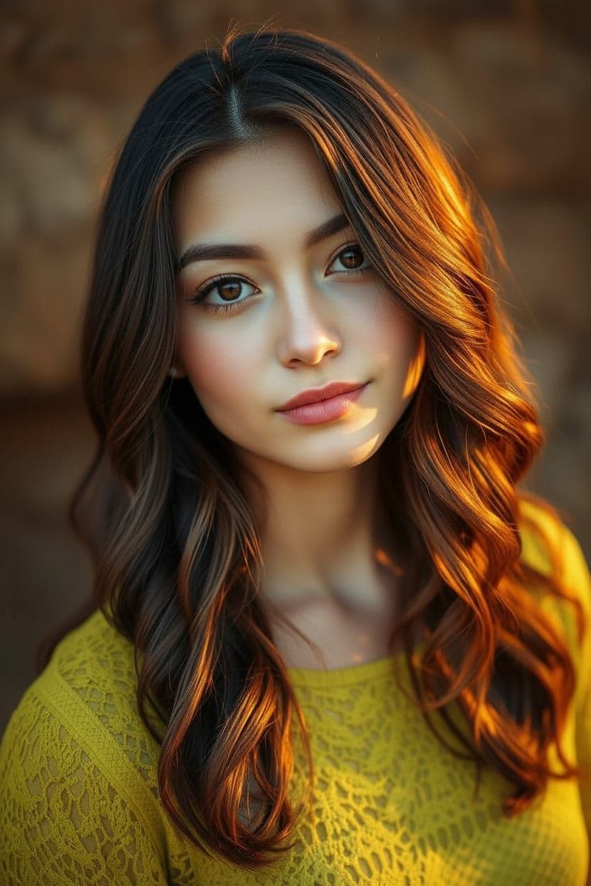AI generated: "Fine art photography portrait of a model, early 20', warm golden hour light, soft pastel colours, s...