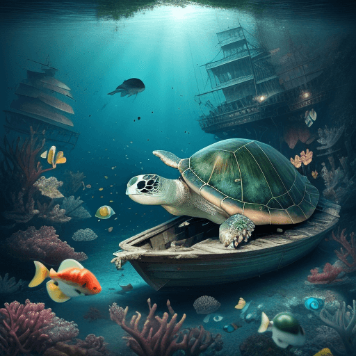 AI generated: a deeper dreamy boat wreck, one lightly dreamy baby green turtle floating and looking at us, lot of ...