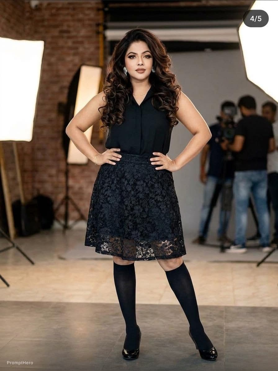 AI generated: A pretty model wearing a black blouse with a black lace skirt and black knee-length stockings, real ...