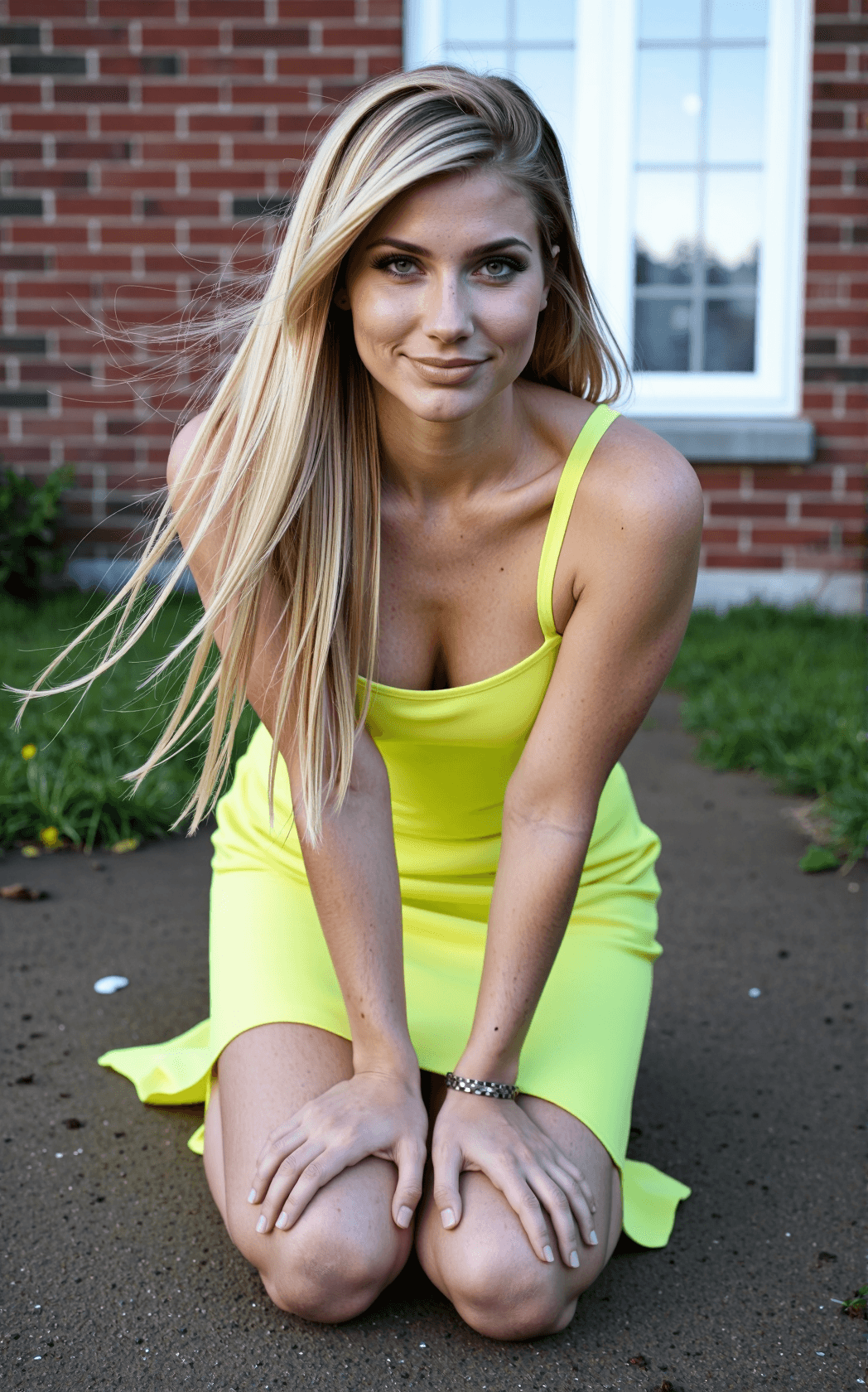 AI generated: A woman with long, straight blonde hair styled in a sleek centre part, cascading forward as she pose...