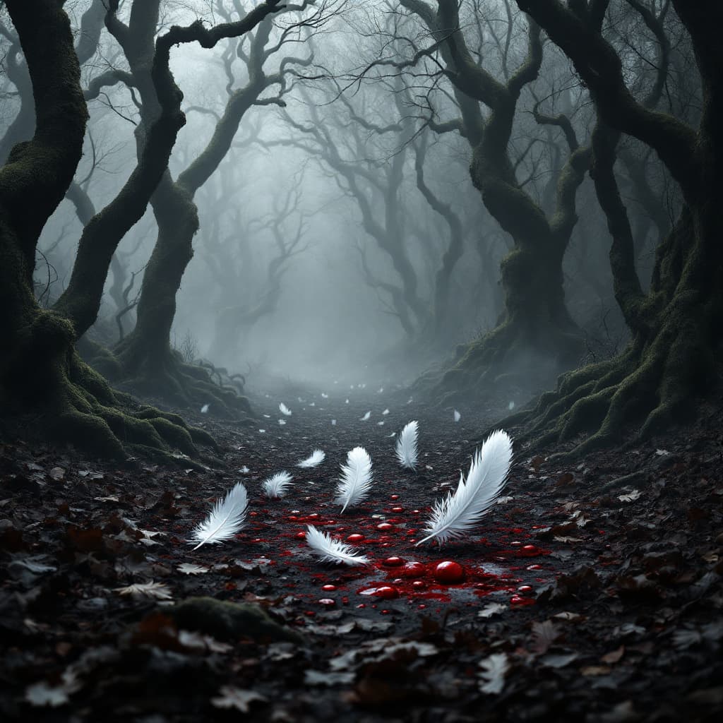 AI generated: Scene: A grayscale forest clearing in ancient Britain, surrounded by twisted, moss-covered trees and...