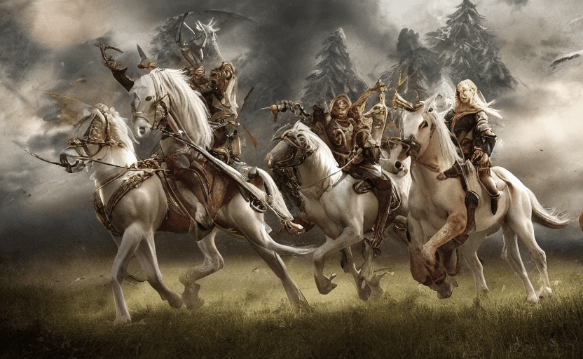 AI generated: A battle is happening between elves and orcs, the elves are riding white stallions, the orcs are rid...
