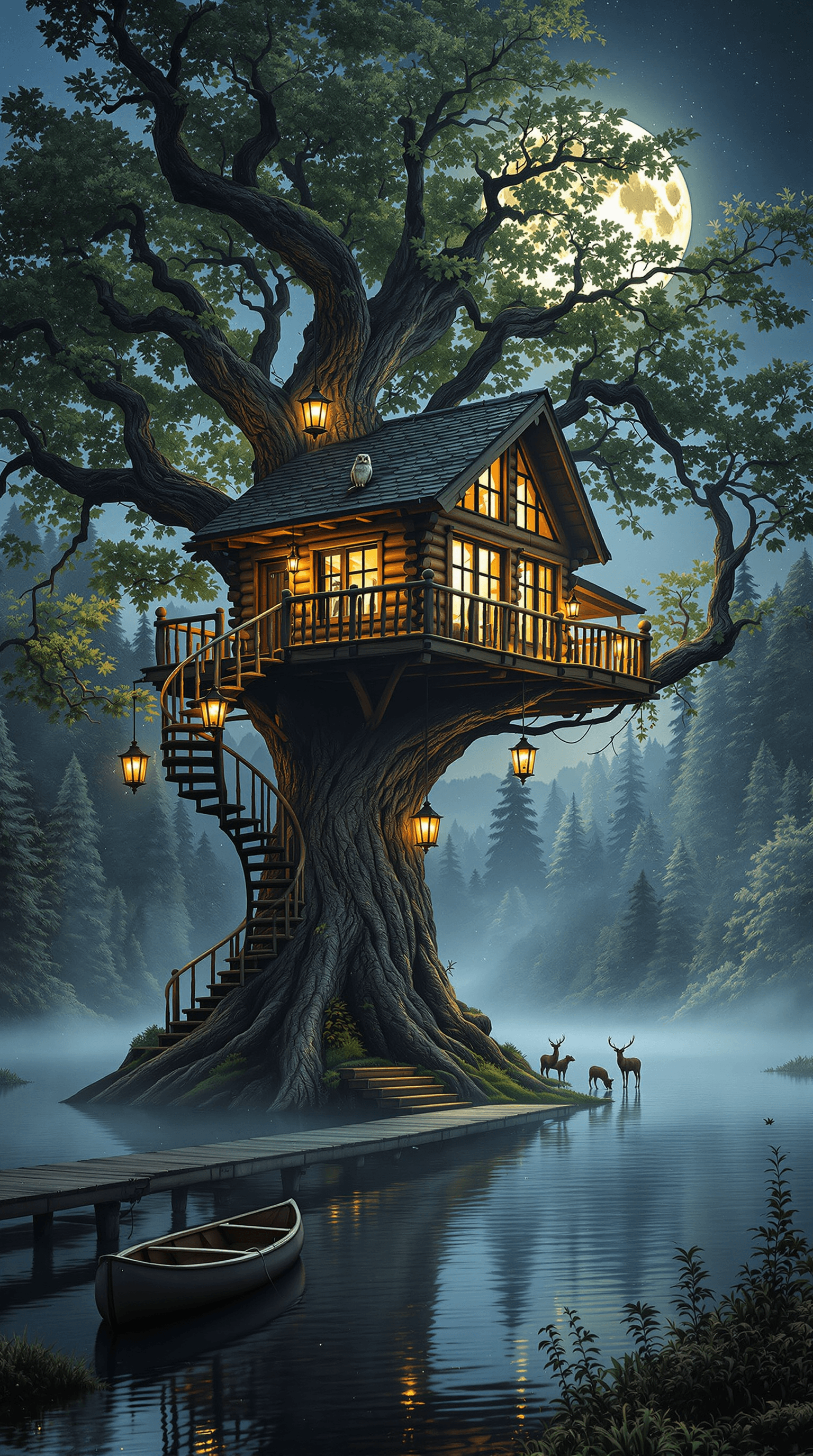 AI generated: A **hyper-realistic log cabin treehouse**, perched atop the **massive branches of an ancient tree**,...