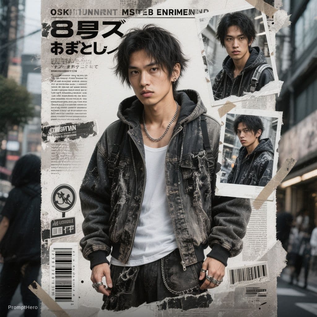 AI generated: Buat poster kolase editorial streetwear Jepang bergaya Y2K yang bold dengan estetika majalah fashion...
