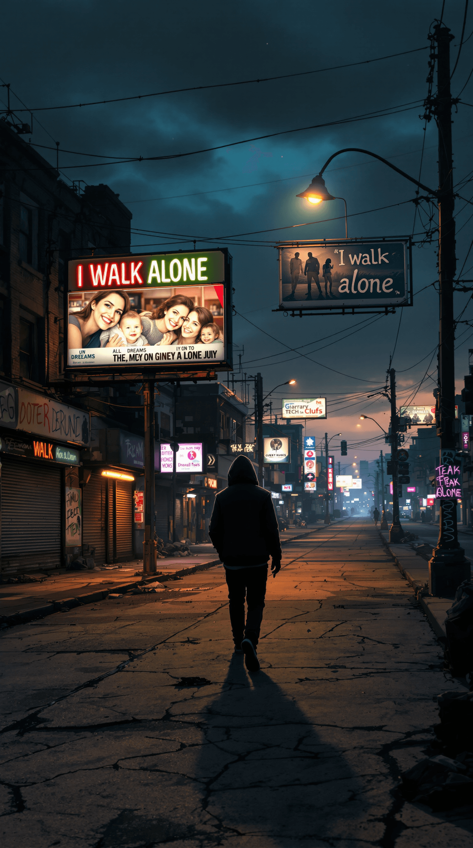 AI generated: A solitary figure with a hooded jacket walks down an empty, cracked boulevard at twilight. Faded neo...