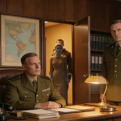 AI generated video: Inside a 1969 Pentagon office, one general sits behind a wooden desk while another stands beside him...