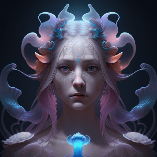 AI generated: Goddess close-up portrait ribcagel. jellyfish phoenix head, nautilus, orchid, skull, betta fish, bio...