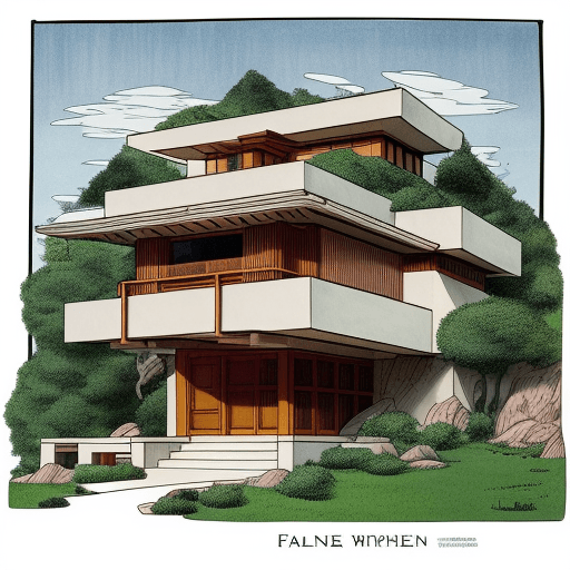 AI generated: Detailed pen and ink illustration of the falling water house by Frank Lloyd Wright in the style of t...