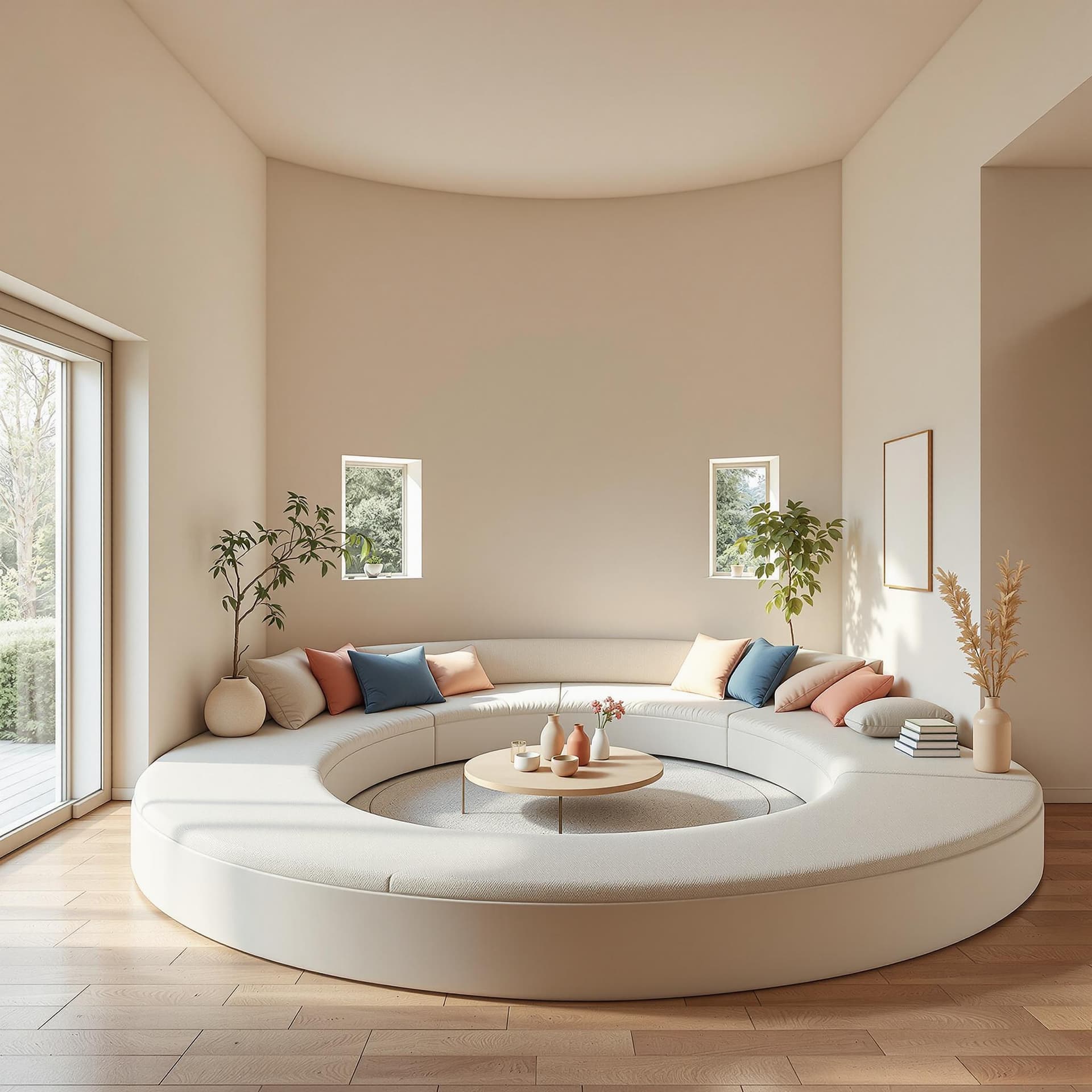AI generated: High resolution photography interior design, dreamy sunken living room conversation pit, wooden floo...