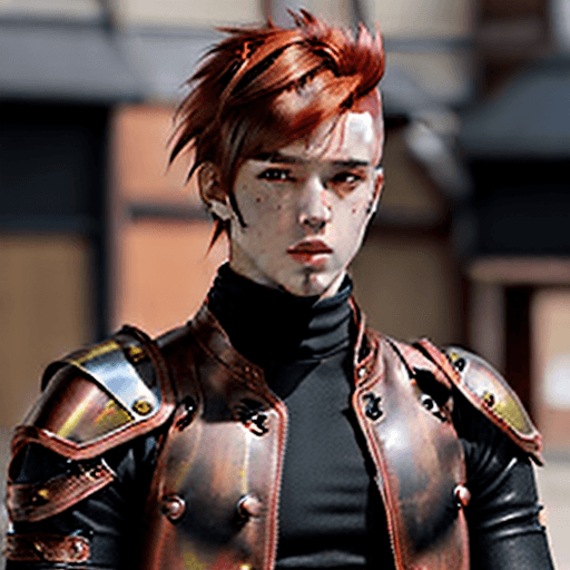 AI generated: Solo anime boy, high quality 2d, high resolution, copper hair, mohawk-fade hair, asymmetrical bangs,...
