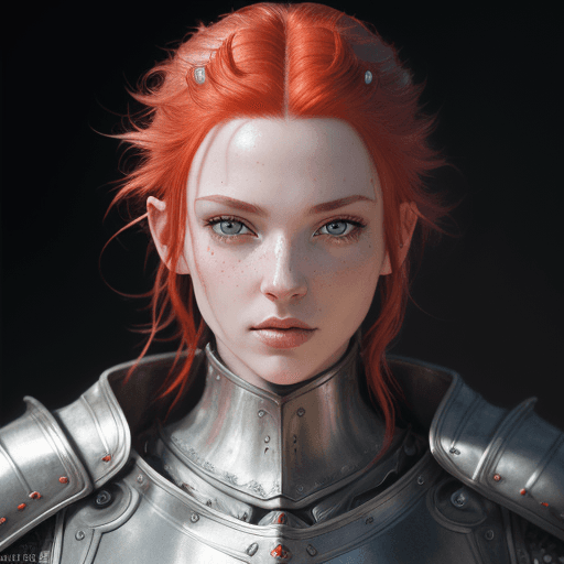 AI generated: photo-realistic portrait of a female in silver medieval armor, fine realistic neon red hair, attract...