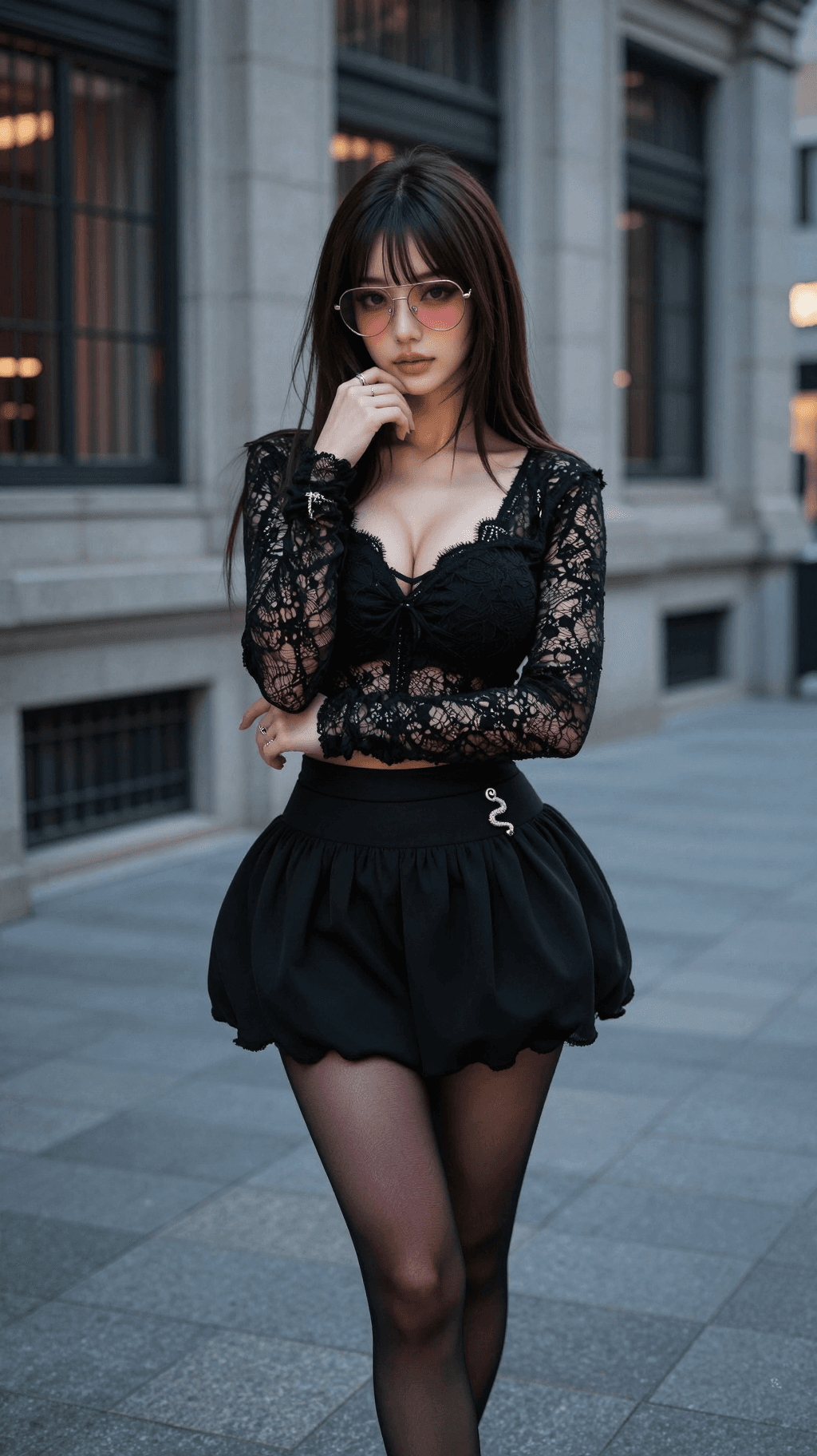 AI generated: capturing the sophisticated "all-black" urban aesthetic, the specific textures of the lace and gathe...