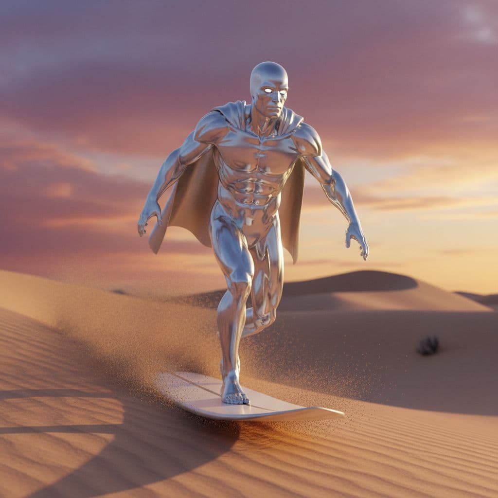 AI generated: Silver Surfer, 5D UHD 8x ultra clear shine sharp,focus, rendering, soft lighting, Realistic ,balance...