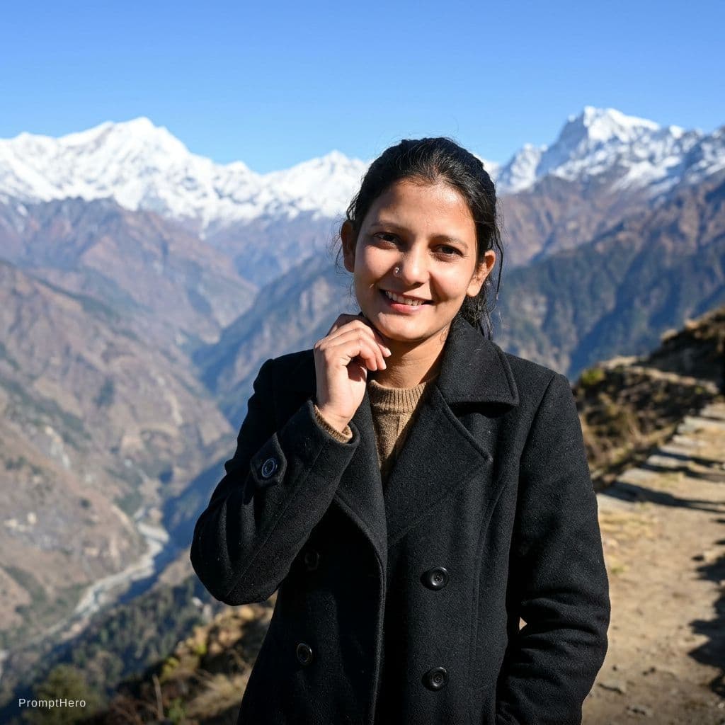 AI generated: change de scenario, put her a black coat on the mountains