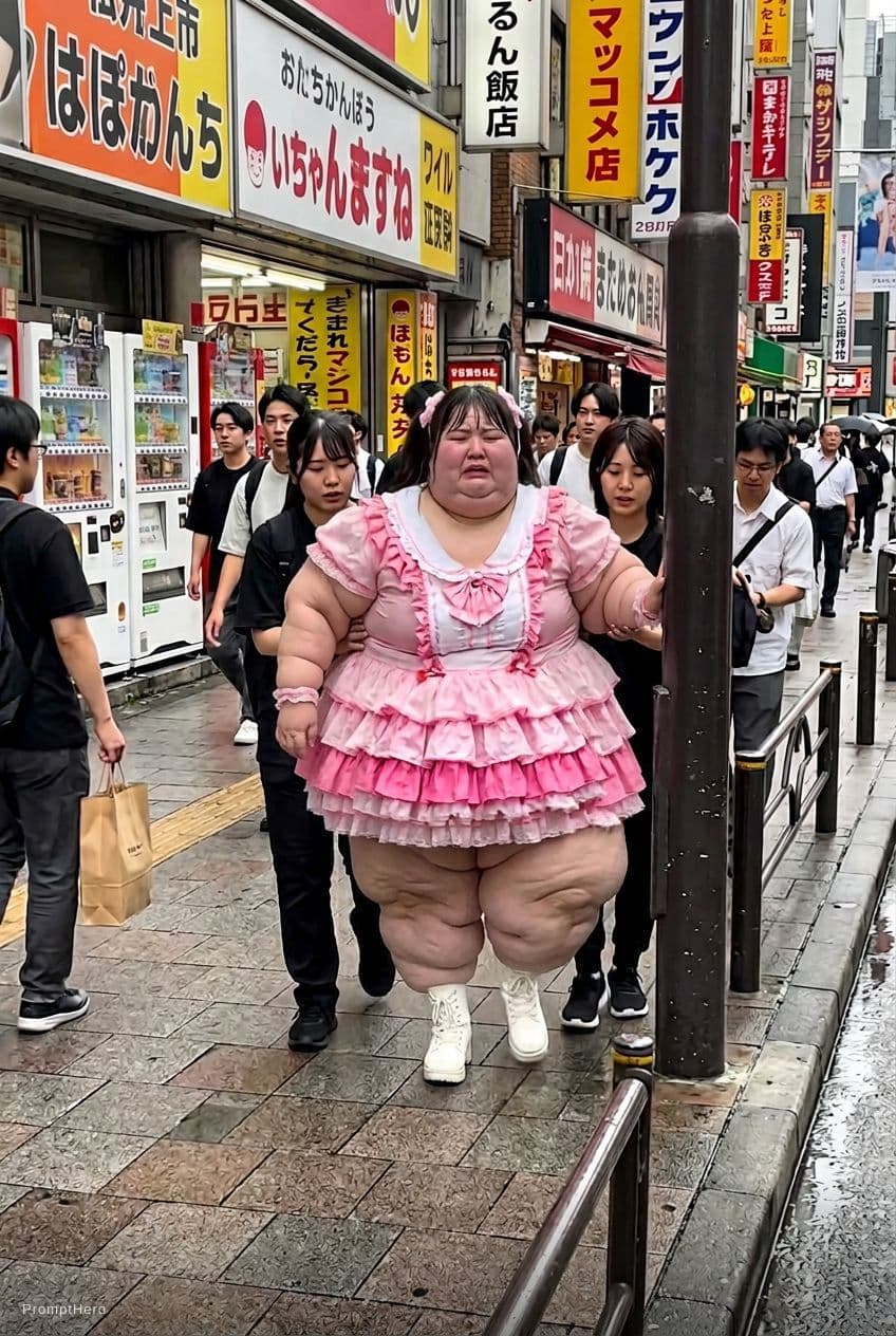 AI generated: Passerby video style scene, a young Asian female pop idol weighing around 1500 lbs struggles to walk...