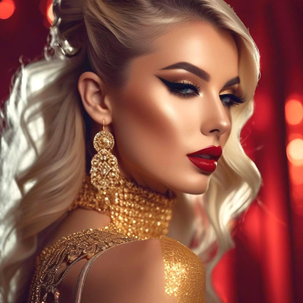 AI generated: The image is a close-up portrait of a young woman with long blonde hair pulled back into a high pony...