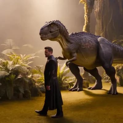 AI generated video: A man walks by a dinosaur and greets it.