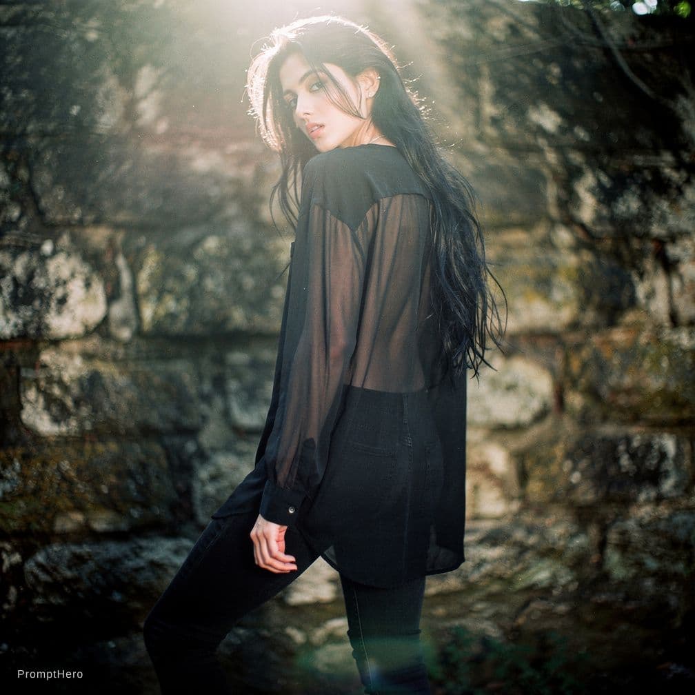 AI generated: Femboy standing facing an old stone wall, (full length: 1.5) photo of a 25 years old (naked: 1.5) fu...
