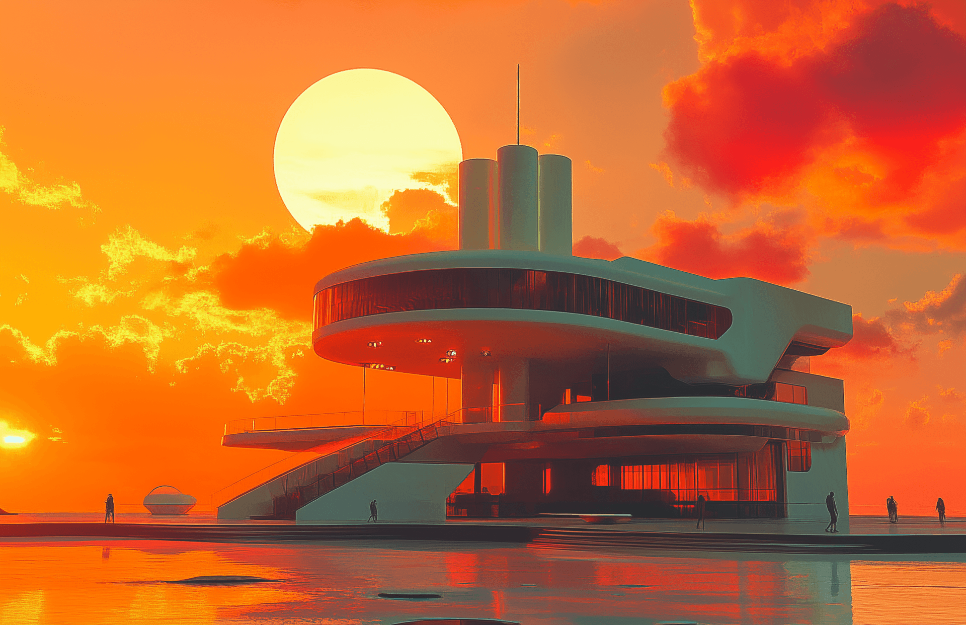 AI generated: A futuristic building in the style of Syd Mead and Frank Lloyd Wright, a large outdoor cinema on an ...