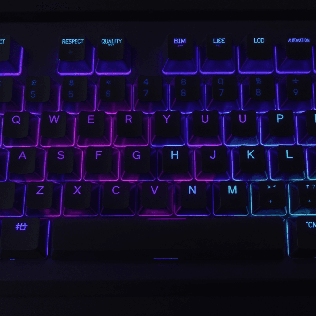 AI generated: Hyper-realistic front view of a full computer keyboard with soft RGB backlight. Some keys glow brigh...