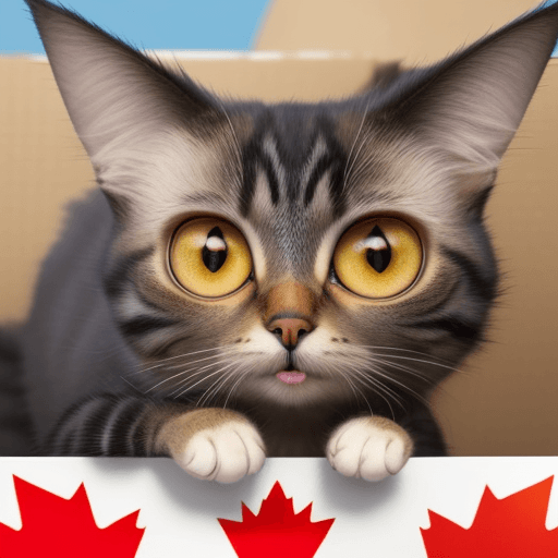 AI generated: A cartoon picture of a very funny and beautiful cat with big eyes who just immigrated to Canada
