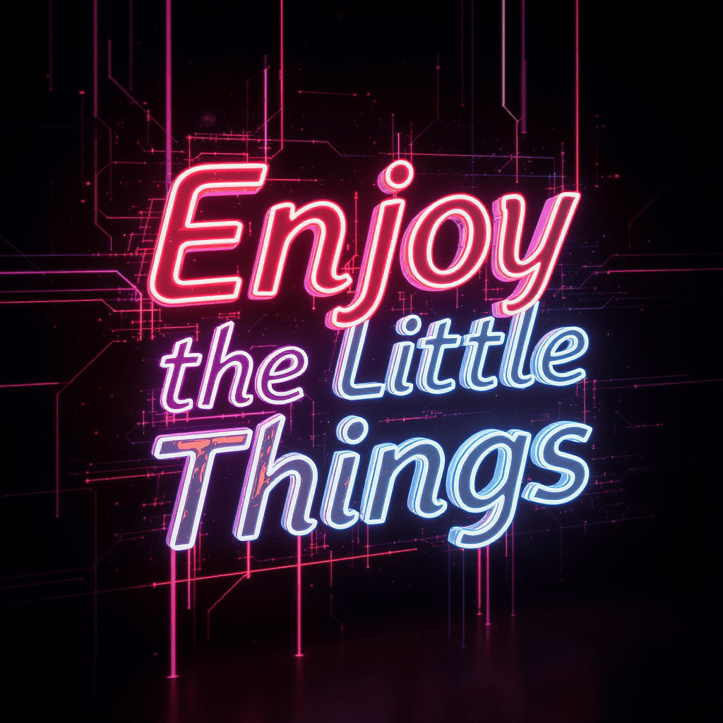 AI generated: A 3D digital art rendering of the word 'Enjoy the Little Things' in Italic bold format, in a neon, f...