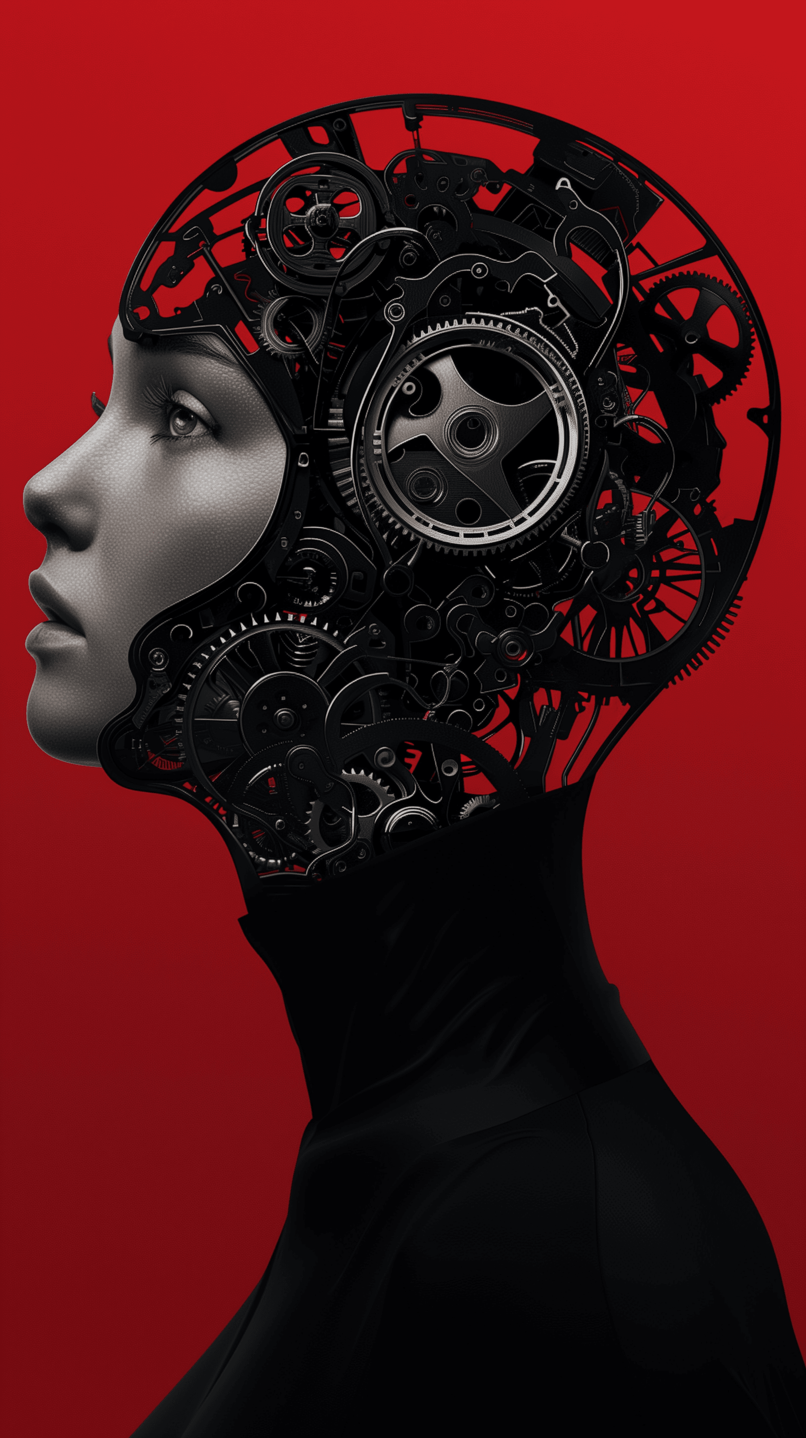 AI generated: cyberpunk style portrait of a female figure with half of her face covered by intricate mechanical pa...
