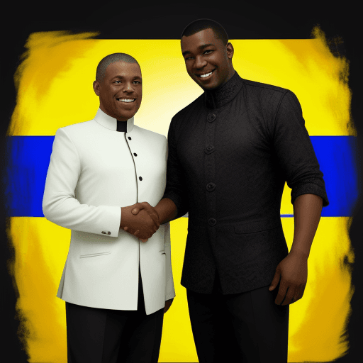 AI generated: ukrainian man and black man shaking hands smiling