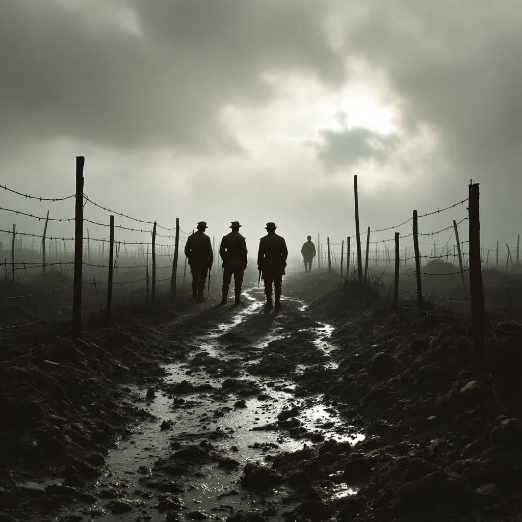 AI generated: Create a WWI no-mans land scene: a barren, war-torn Passchendaele landscape under a foreboding, gray...