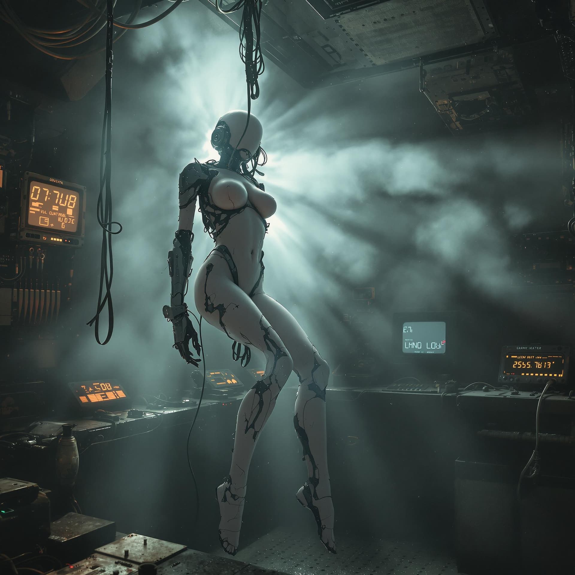 AI generated: Full-body photograph of a (beautiful:1.2) (female:1.2) cyborg, suspended in a worn-out, (cassette-fu...