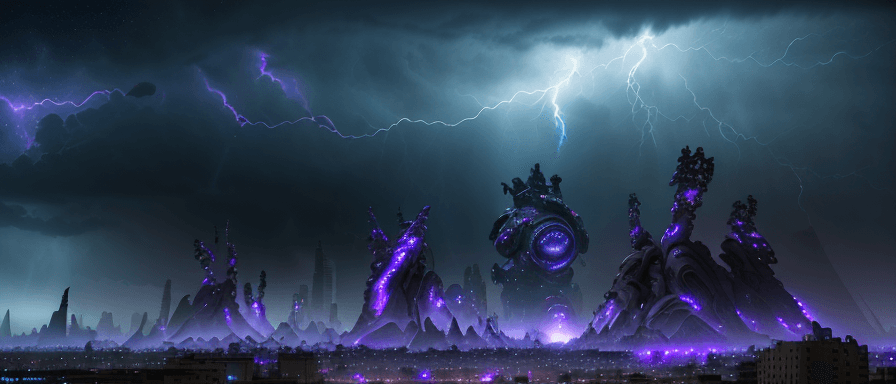 AI generated: Hyper Realistic Epic Movie Like Scene of a post-apocalyptic city a 1000 years in the future, Alien f...