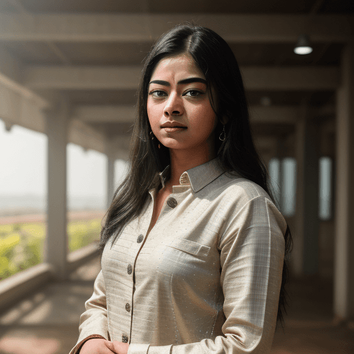 AI generated: Super-Realistic potrait of Rashmika Mandanna standing at photoshoot location, worn a detailed textur...