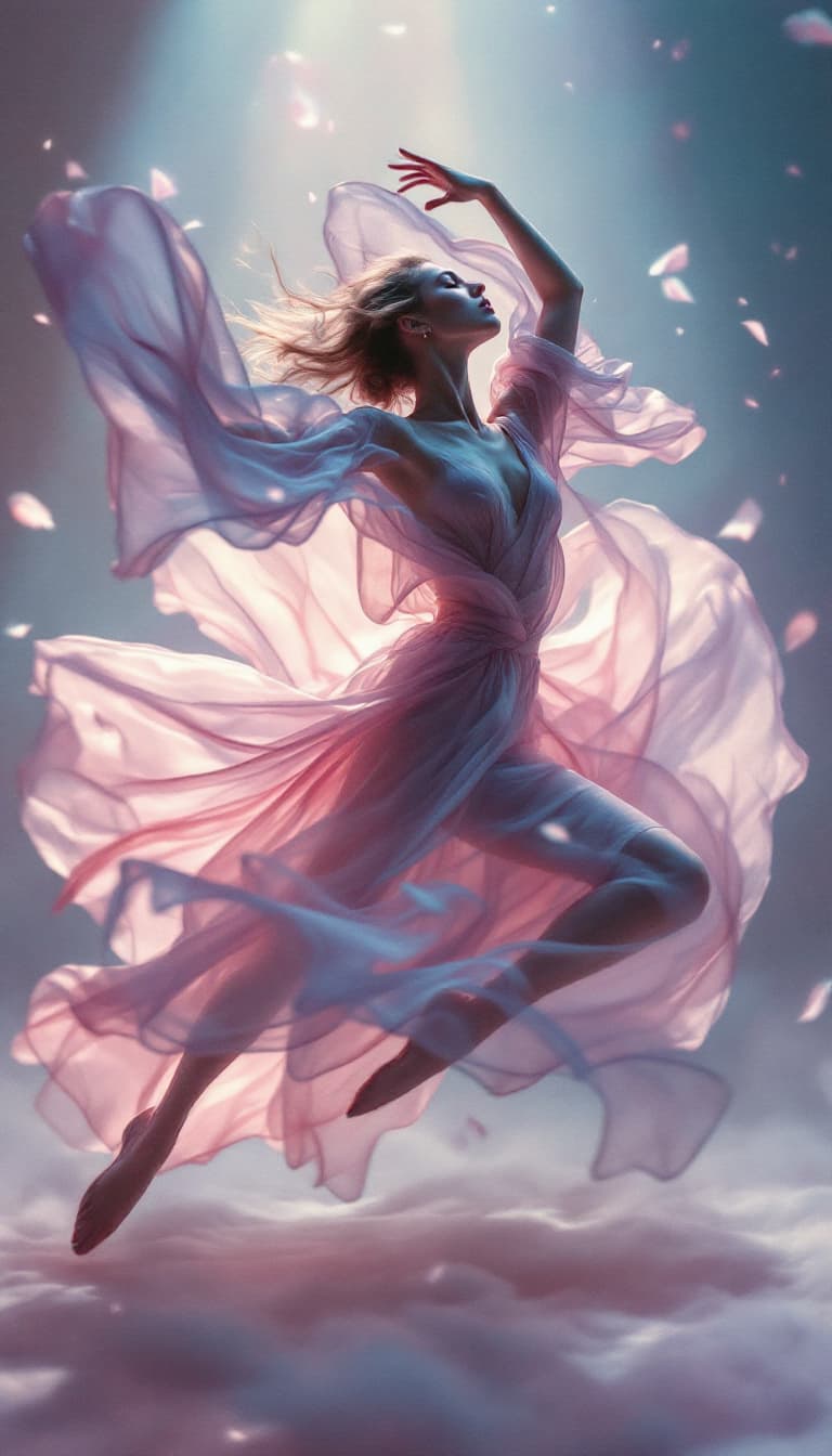 AI generated: In a surreal dance of delicate movement, the ethereal beauty is captured in this portrait of a midai...