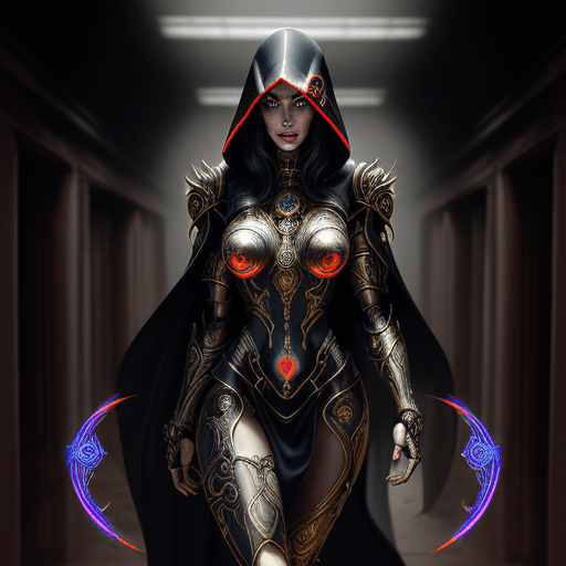 AI generated: Generate an image of a megan fox cybernetic mystic in an ancient corridor. The figure has a robotic ...