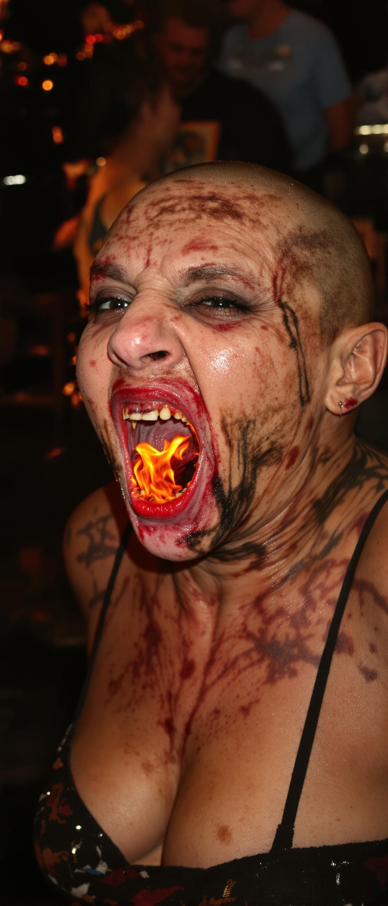 AI generated: An ugly face woman with ugly body  dancing in a party with fire from her mouth  . She is bald . She ...