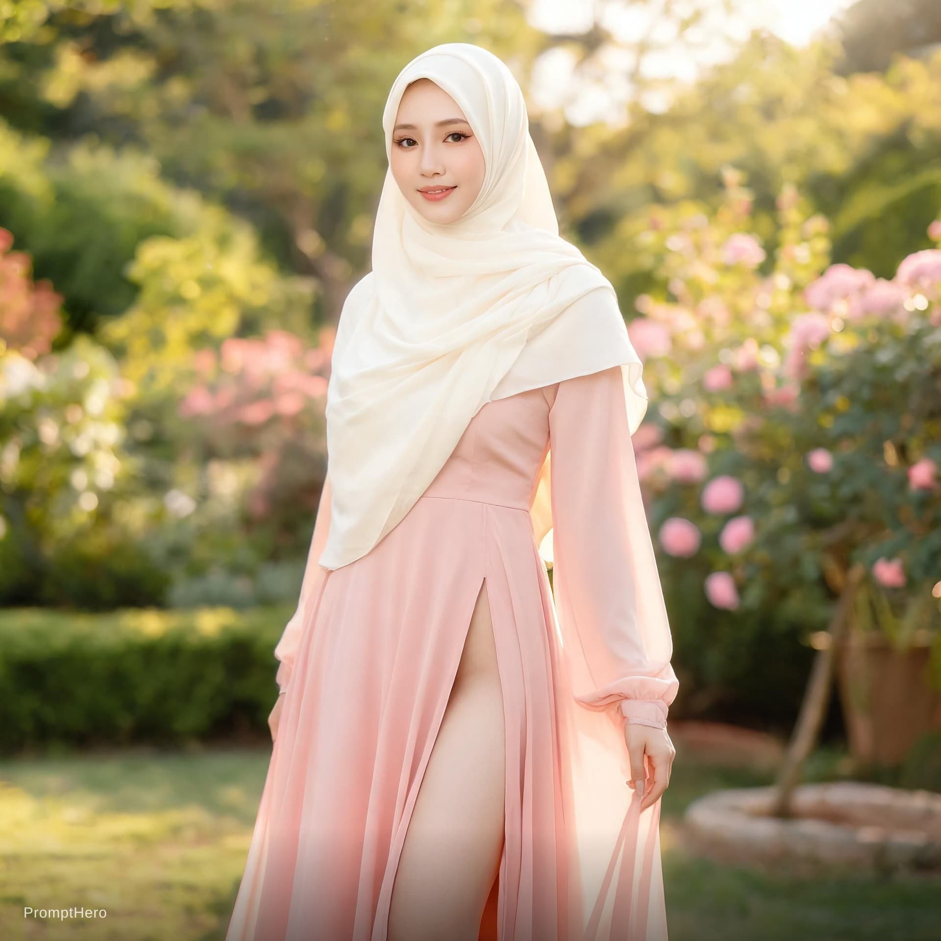 AI generated: Hijab beautiful woman with a long dress with open slit to her waist 