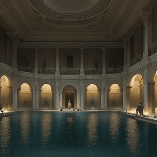 AI generated: interior of roman bathhouse, high fantasy, night, pool, marble, realistic, men and women bathing, hd...