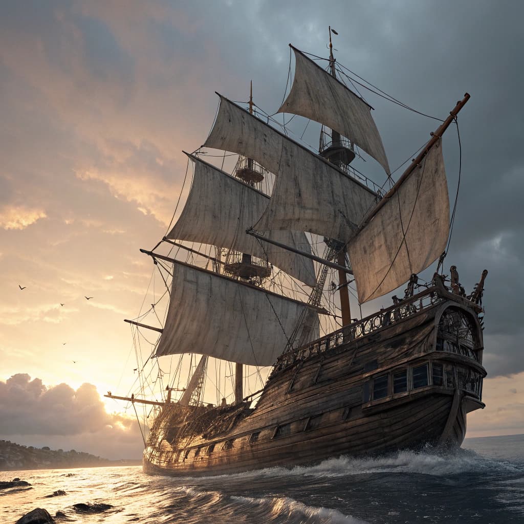 AI generated: Photo of a ultra realistic sailing ship, dramatic light, pale sunrise, cinematic lighting, battered,...