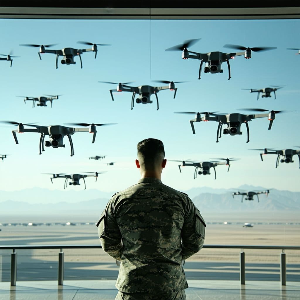 AI generated: The camera zooms in from behind the army general towards the window, showing a sky filled with UAV d...