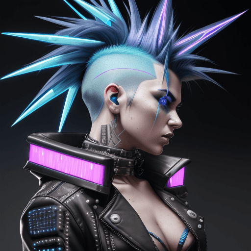 AI generated: "Create a highly detailed cyberpunk portrait of a person with a spiky blue mohawk, shown at a 60-deg...