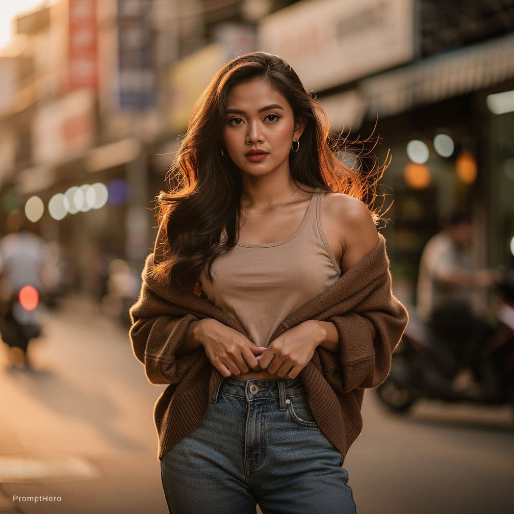 AI generated: A woman standing outdoors in a softly lit urban street, southeast asia, indonesian fave, wearing an ...