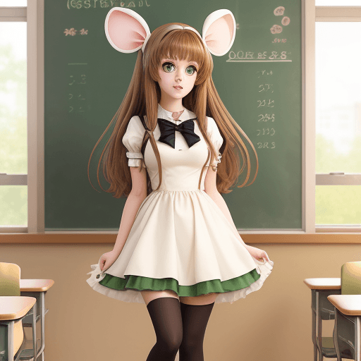 AI generated: a beautiful woman dressed as my melody, full body, light brown hair, big green eyes, in a school, an...
