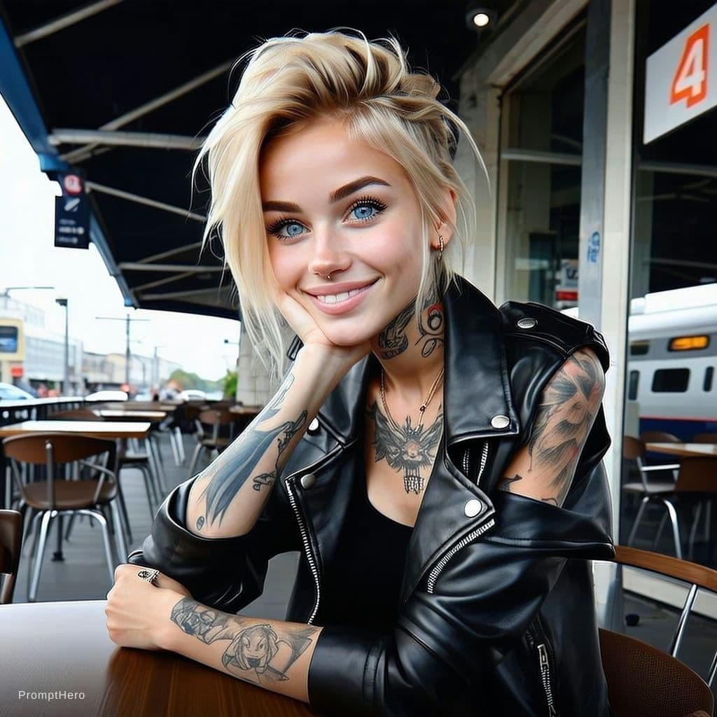 AI generated: a girl, blond hair, wry smile, blue eyes, tattooed, leather jacket, sitting on the terrace of a café...
