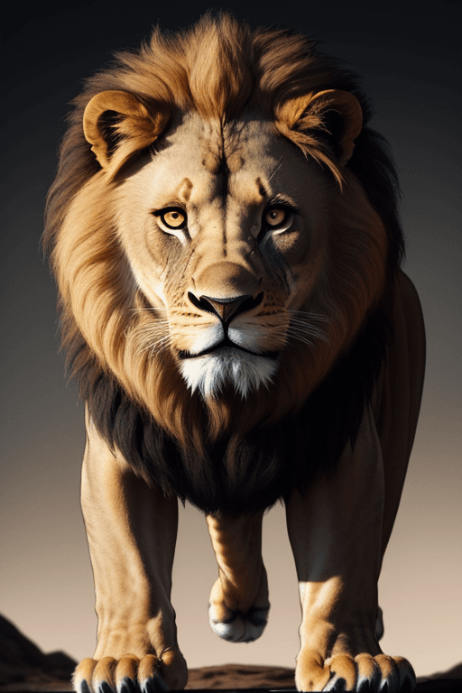AI generated: A formidable lion emerges from the darkness. Full height. Paws fully visible. Looks into the eyes of...