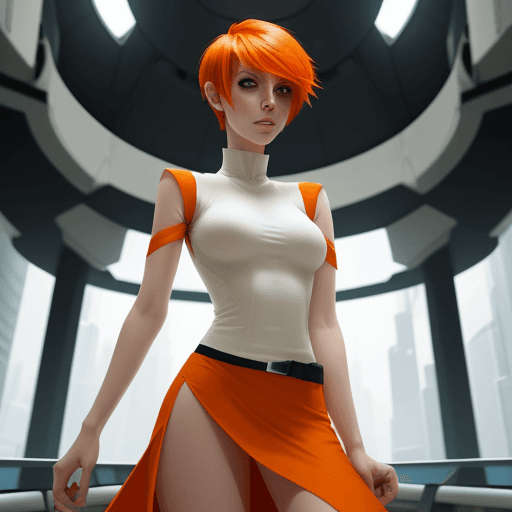 AI generated: aeon flux, orange Pixie cut hair, yellow star eyes, half body,white shirt and orange skirt ,interior...