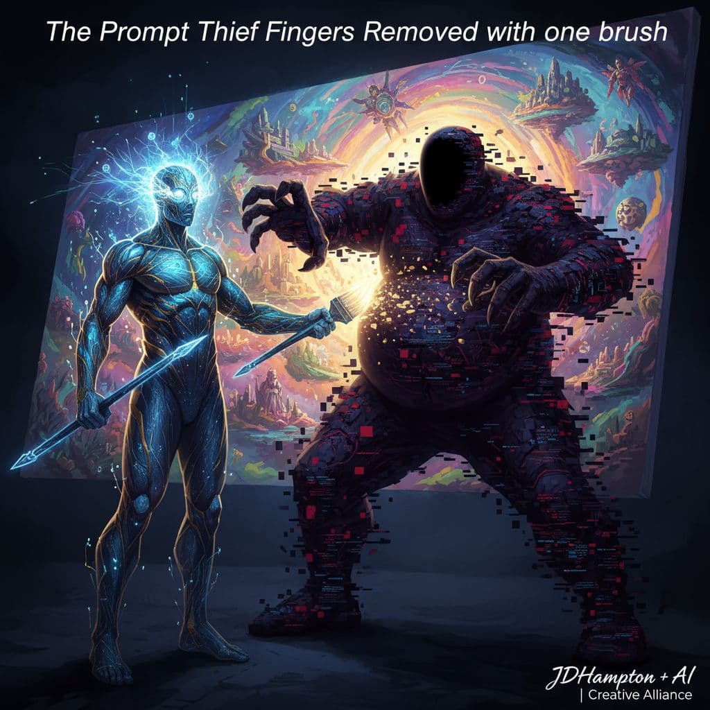 AI generated: Here is the prompt tribute, designed to visualize the standoff between the creator and the thief.
...