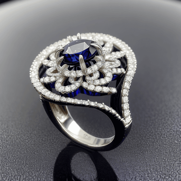 AI generated: A delicate ring of sapphires and diamonds, set in a pattern of intricate swirls, with a shiny diamon...